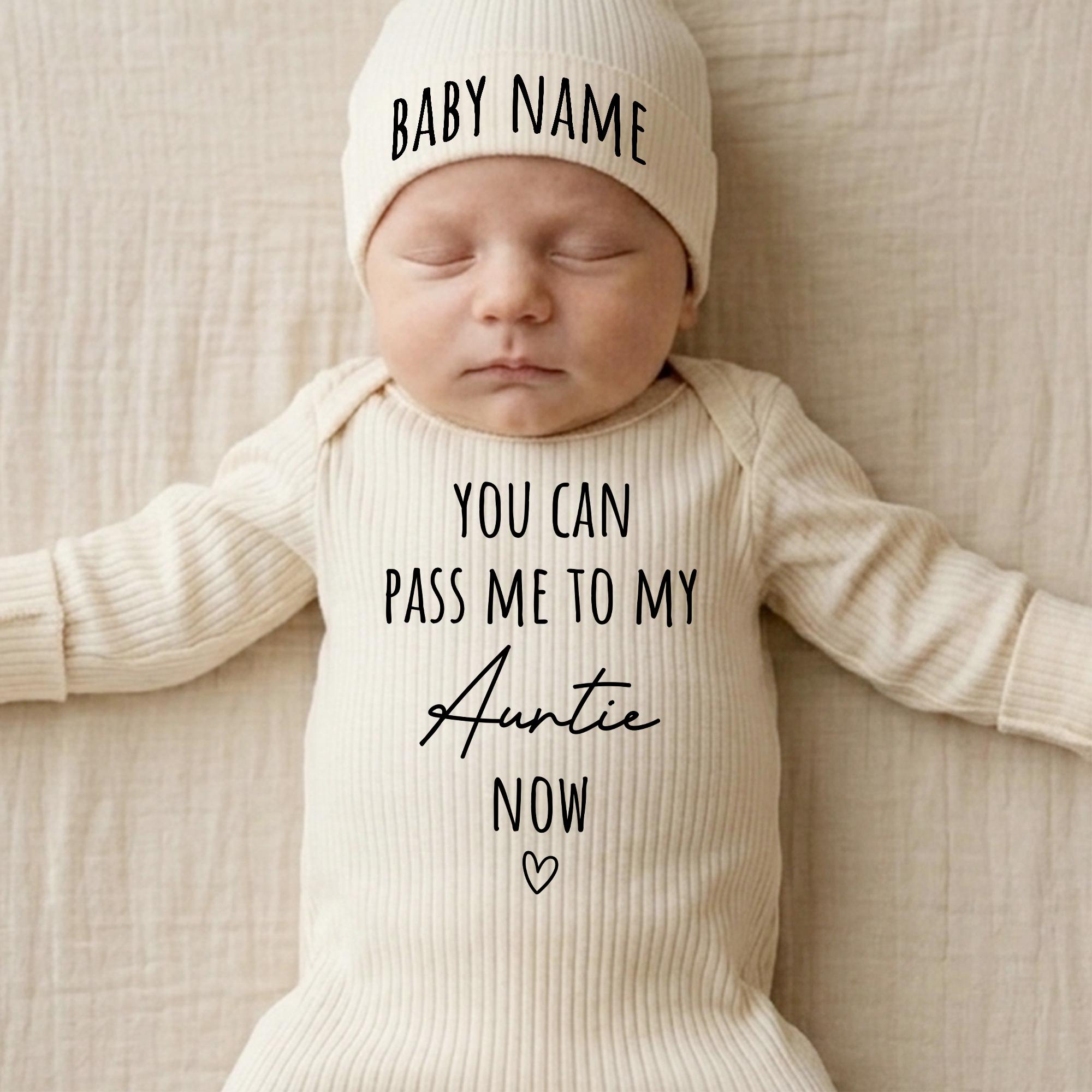 You Can Pass Me to My Auntie Baby Bodysuit and Hat Set with Custom Name, Neutral Newborn Outfit, Baby Shower Gift
